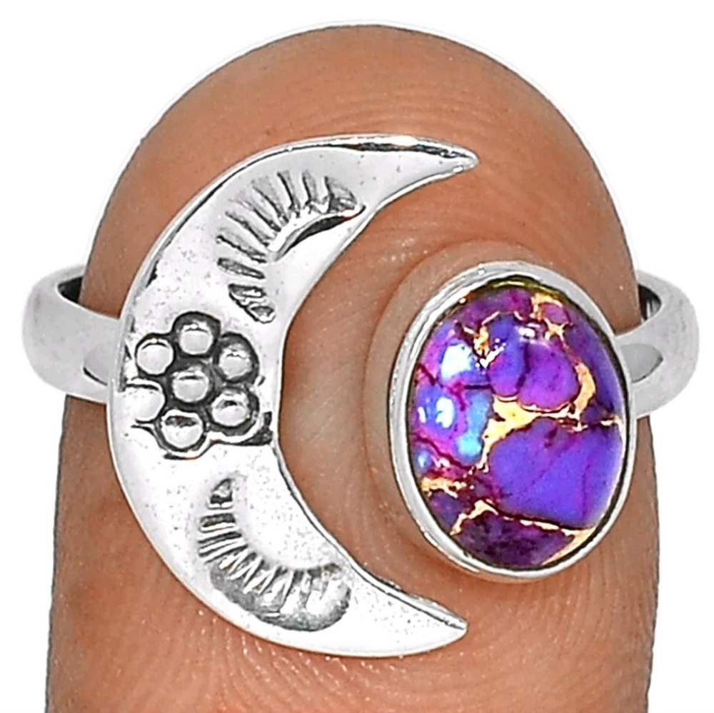 Sterling Crescent Moon with Copper Purple Turquoise size 9
